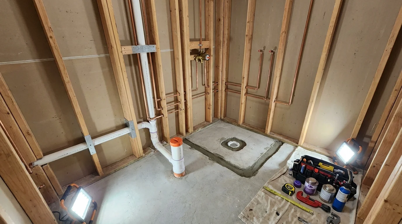 Bathroom rough-in plumbing during remodel by Johns Plumbing LLC in League City
