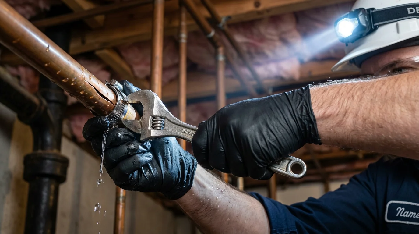 Emergency pipe clamp repair being performed by a Johns Plumbing LLC plumber in League City