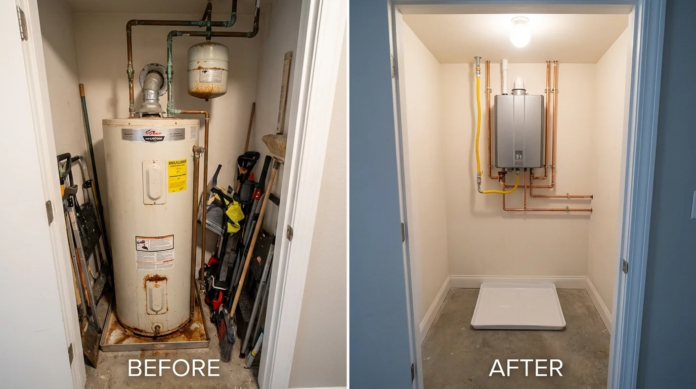 Tank water heater versus wall-mounted tankless unit comparison for League City, TX homeowners