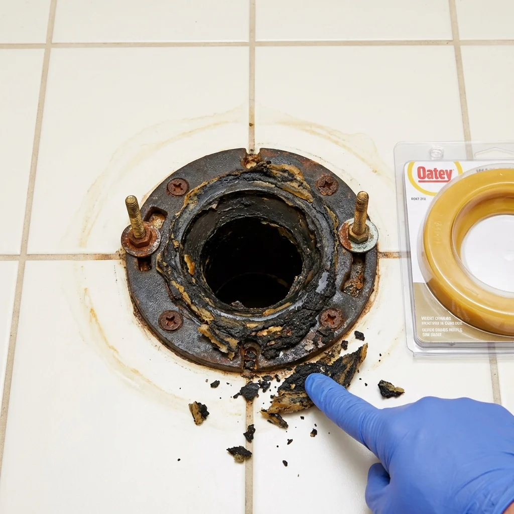 Failed wax ring showing water seepage at the base of a toilet in a League City, TX home