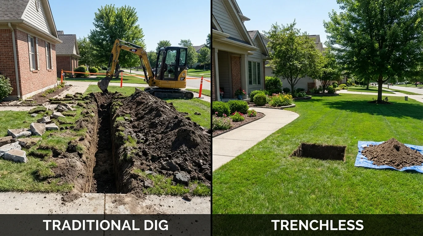 Trenchless sewer repair with minimal yard damage versus traditional excavation in League City, TX