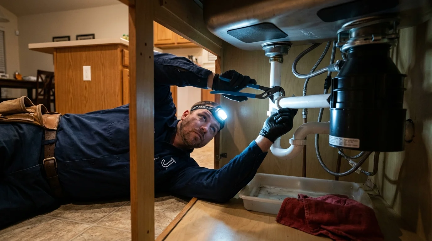P-trap and supply line connections under a kitchen sink showing a common leak point in League City, TX